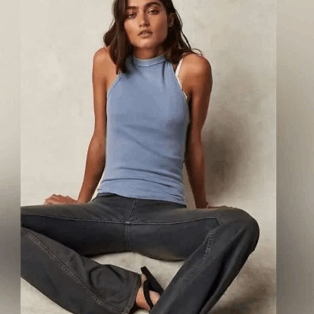 Free People Break The Web Halter Tank Top Blue Ribbed Medium NEW